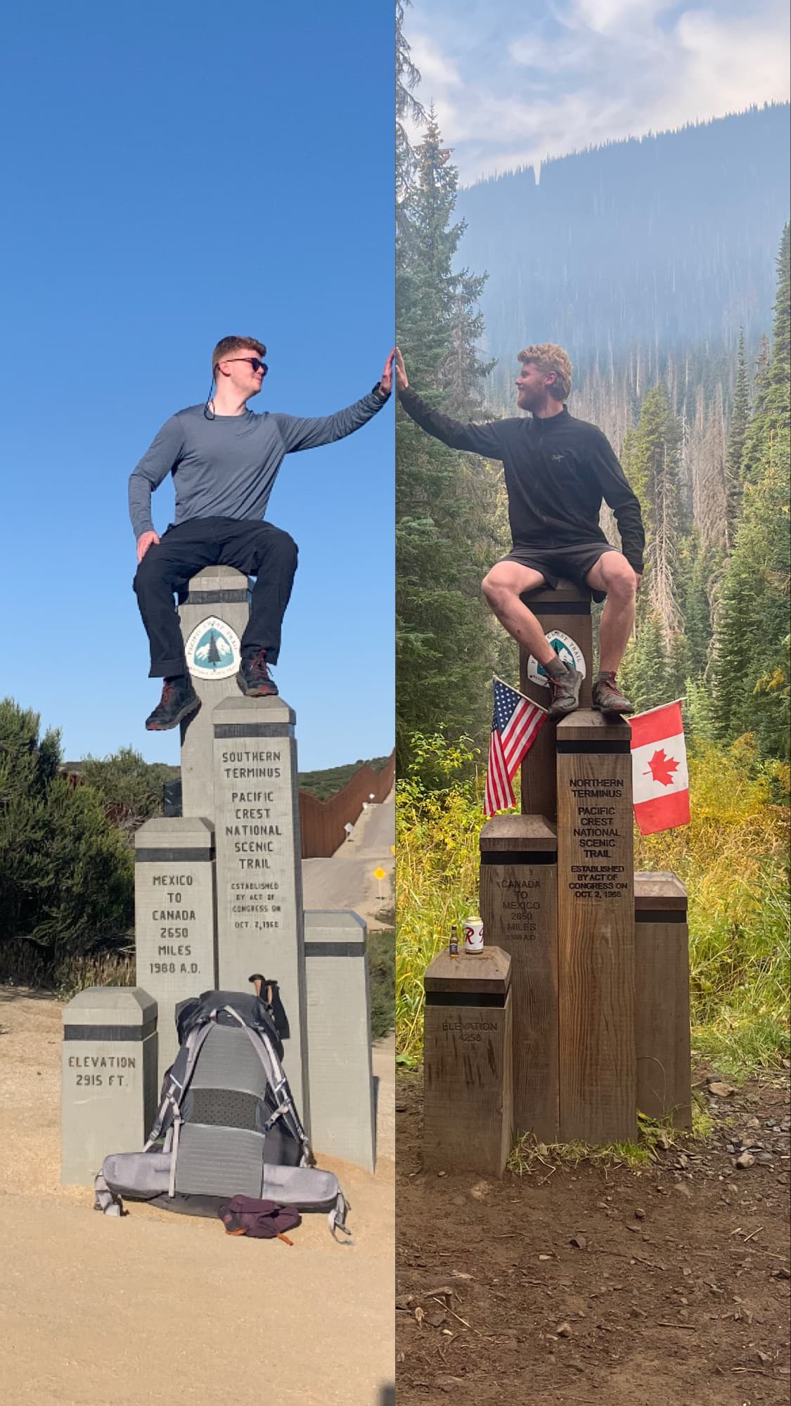 Split image comparing the southern and northern PCT terminus monuments
